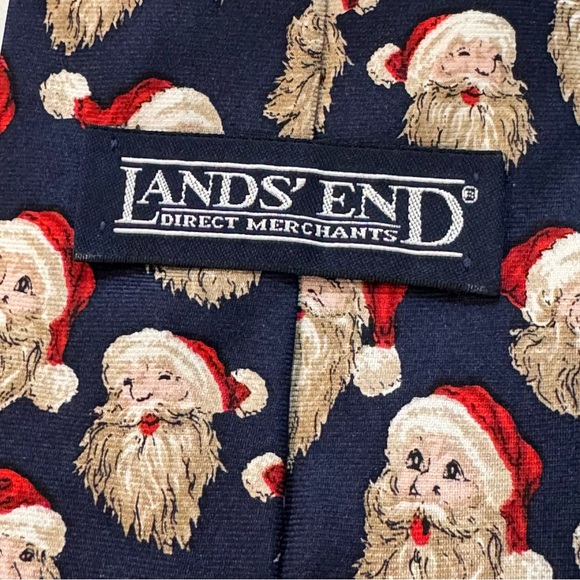 Lands' End SANTA Faces Neck Tie Holiday Navy Blue Silk 58" made in USA Christmas - Picture 3 of 4